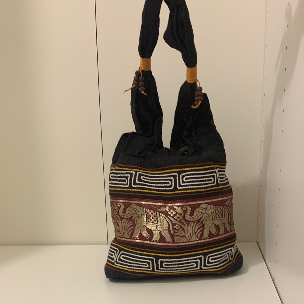 Bohemian Black & Burgundy Elephant Embroidered Shoulder Bag